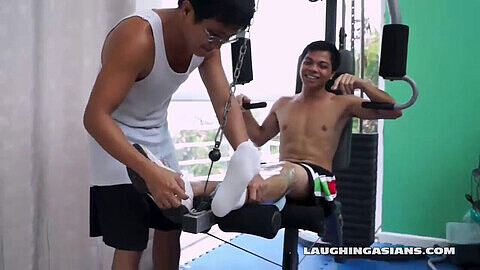 Vahn, a Japanese twink, gets a ticklish workout from his amateur gay admirers!