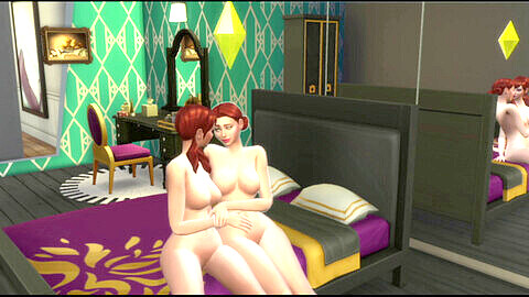 Des jumelles aux cheveux rouges font l'amour passionnément sur le canapé (Sims 4 animé)