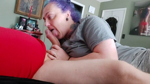 Sexy witch with purple hair gives a mind-blowing morning blowjob to her daddy