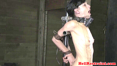 Punishment of petite gimp in bondage with cane by strict dominant