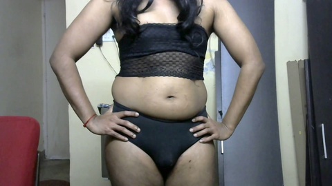 KRITHI's steamy strip tease in sexy black lingerie - Indian crossdresser gets naughty on webcam!
