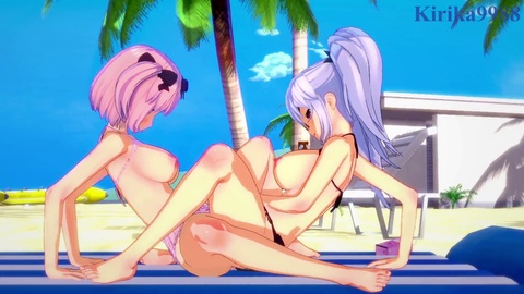 Yagyū and Hibari indulge in steamy lesbian fun at the beach - Senran Kagura hentai manga