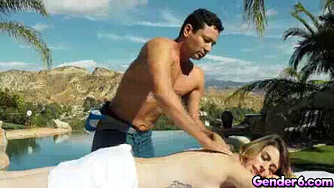 Casey Smooches receives an arousing outdoor massage from Gabriel D'Alessandro, before revealing her throbbing manhood!