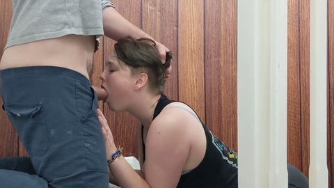 Stepdaughter gives a deepthroat blowjob before heading to a party!