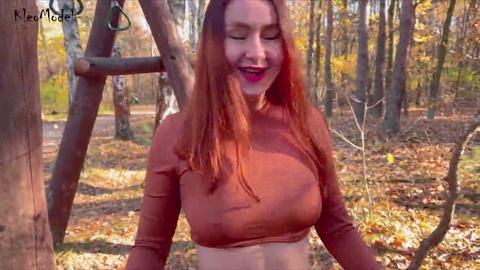 Inexperienced redhead wife KleoModel gives public blowjob and walks naked in public