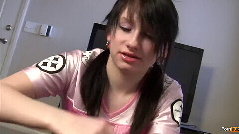 Pale goth teen with braces gives amazing first time handjob on video
