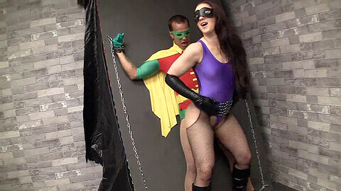 Hot femdom cosplay scene featuring Batman's sidekick Robin bound and fucked by a mysterious super-villain that even we haven't heard of before!