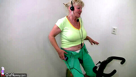 Mature plump grandma unwraps in her home gym and teases like crazy!