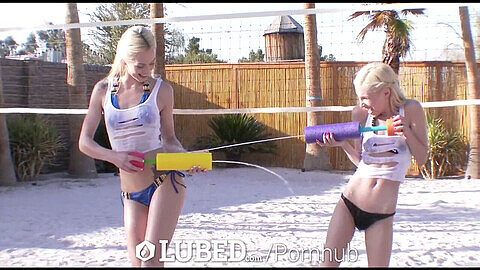 Outdoor threesome with two greased up blondes Piper Perri and Elsa Jean after a supah soaker fight!