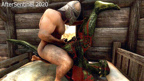 Skyrim: Armor-clad guards and a horny Argonian enjoy some hot missionary action