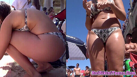 Latina impressionnante avec un énorme booty, des hanches larges et un bikini en string exhibe ses atouts sur la plage pour les voyeurs!