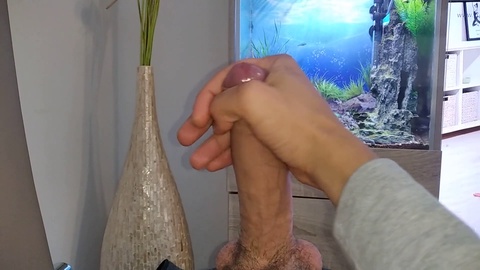 Handsome young man masturbates until he cums in front of an aquarium