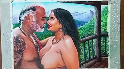 Sensual artistic depiction of stunning Indian beauty on honeymoon with father-in-law at tropical spot