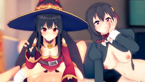 Konosuba manga porn threesome featuring Megumin and Yunyun