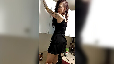 Kitchen quickie with Yanasincell: Hot tattooed girl cooks and gets a huge dildo stuffed in her pussy!