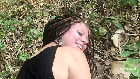 Outdoor sex and blowjob with an extra petite teenager in the jungle with white girl dreads