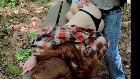 Ginger amateur redhead gets her butt drenched in hiker's cum on public bench