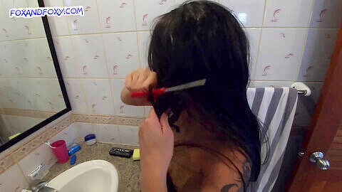 Nude female head shave, lesbian haircut headshave, olisa slave haircut