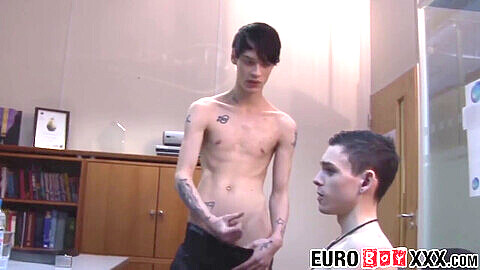 Euro twink gets pounded without a condom during a steamy office meeting
