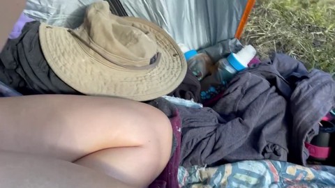 Exhibitionist wife gives outdoor footjob and gets cumshot while pissing in the river