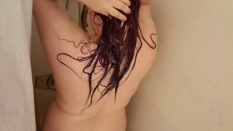 Shower masturbation with milk and adult toys while waiting for hair dye to set on my chubby body with big purple tits