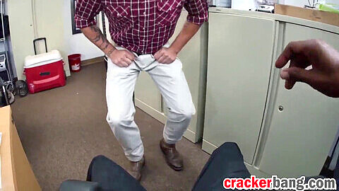 Wild gay action in the office: Cowboys ride bareback, face gets covered in cum