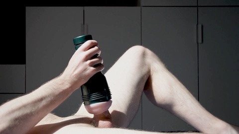 Sensual fun with male sex toy Fleshlight, ending with oily handjob and explosive orgasm!