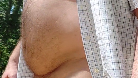 Man masturbating, walking nude public, bear handjob