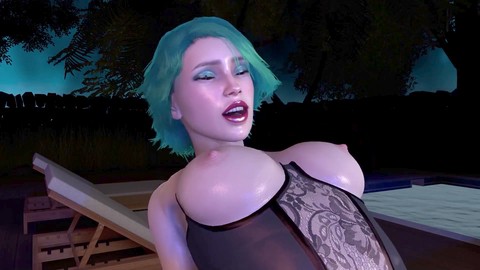Belle beauté aux cheveux verts en lingerie chevauche la bite au sommet dans un extrait de porno animé en 3D