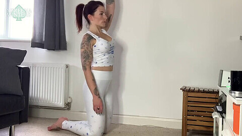 Adreena Winters doing home workout in tight white Lycra and bare feet