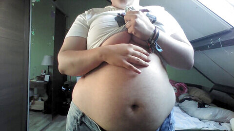 Teen belly inflation, belly button, chubby teen