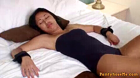 Asian beauty Elen mercilessly tickled while bound in leotard and pantyhose