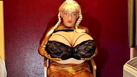 Naughty shemale fetish: Golden Juggsy shows off her massive hooter-sling!