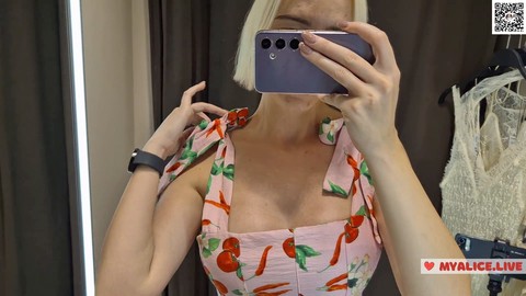 Hot blonde MyCandyAlice strips naked in public mall fitting room while trying on clothes