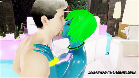 Mostro blu alieno cosplay con enormi tette in un videogioco per adulti