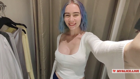 Try on, close up boobs, fitting room