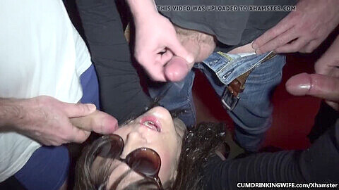 Basement gangbang, wife swallow multiple loads, wife party in club