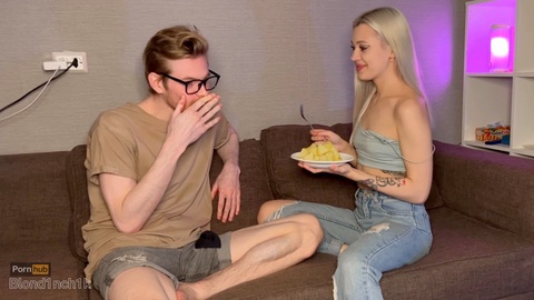 Curious girlfriend tests if pineapple affects the taste of nut-juice