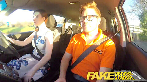 Wild redhead with a posh attitude gets naughty at the faux Driving School