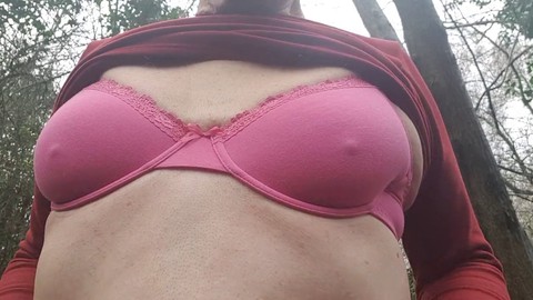 Mature with average body enjoys outdoor fun in lingerie