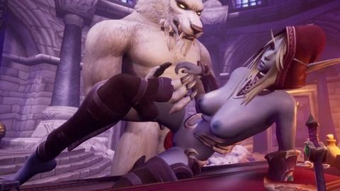 Fierce werewolf ravages Night Elf from behind in the world of Warcraft!