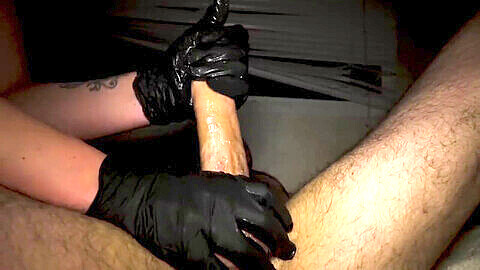 Black latex gloves handjob, spandex femdom, latex rubber gloves