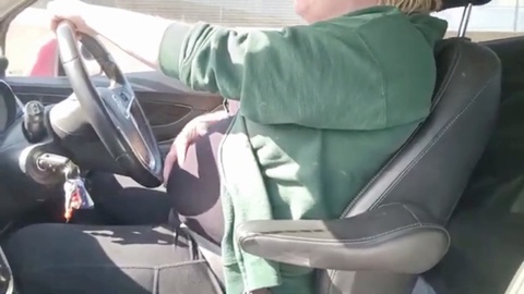 Blonde enjoys public driving with stomach and body inflation kinks