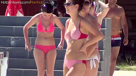 Hot bikini babes in tiny thongs flaunt their bodies by the pool - beach voyeur heaven!