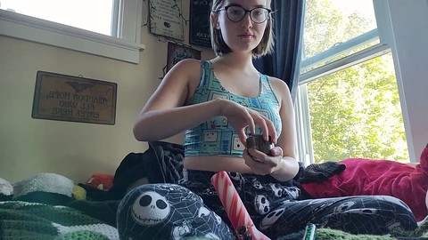 Smoky morning masturbation in PJs with a nerdy barely legal teen!