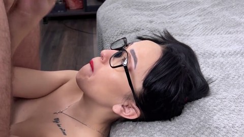 Sloppy blowjob and face full of cum for glasses-wearing Angelya G