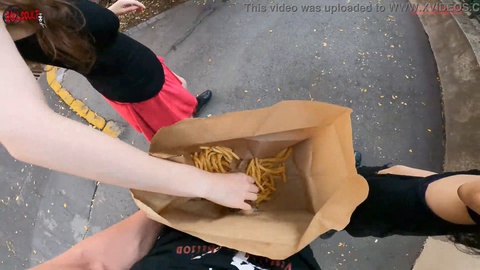 Wild public double handjob in a McDonald's fries bag - a new way to enjoy fast food!