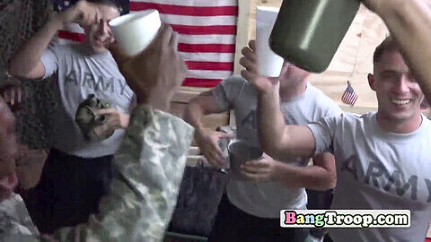 Frisky soldiers have a wild gay orgy in the army camp with a horny newcomer