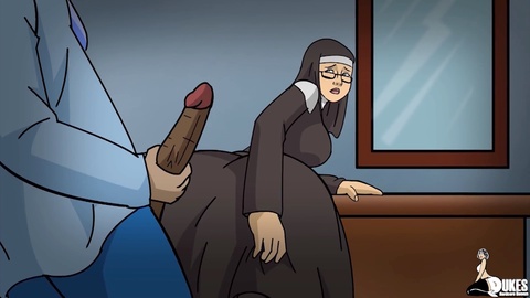 Naughty cartoon double team big-booty nun with a BBC
