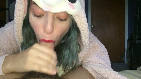 Blue-haired alpaca sucks on a big meaty schlong from Bad Dragon 2017 in a sexy onesie cosplay contest